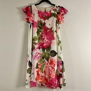 Eliza J Pink Floral Ruffle Shoulder Shift Mini Dress Easter Wedding Guest size 4